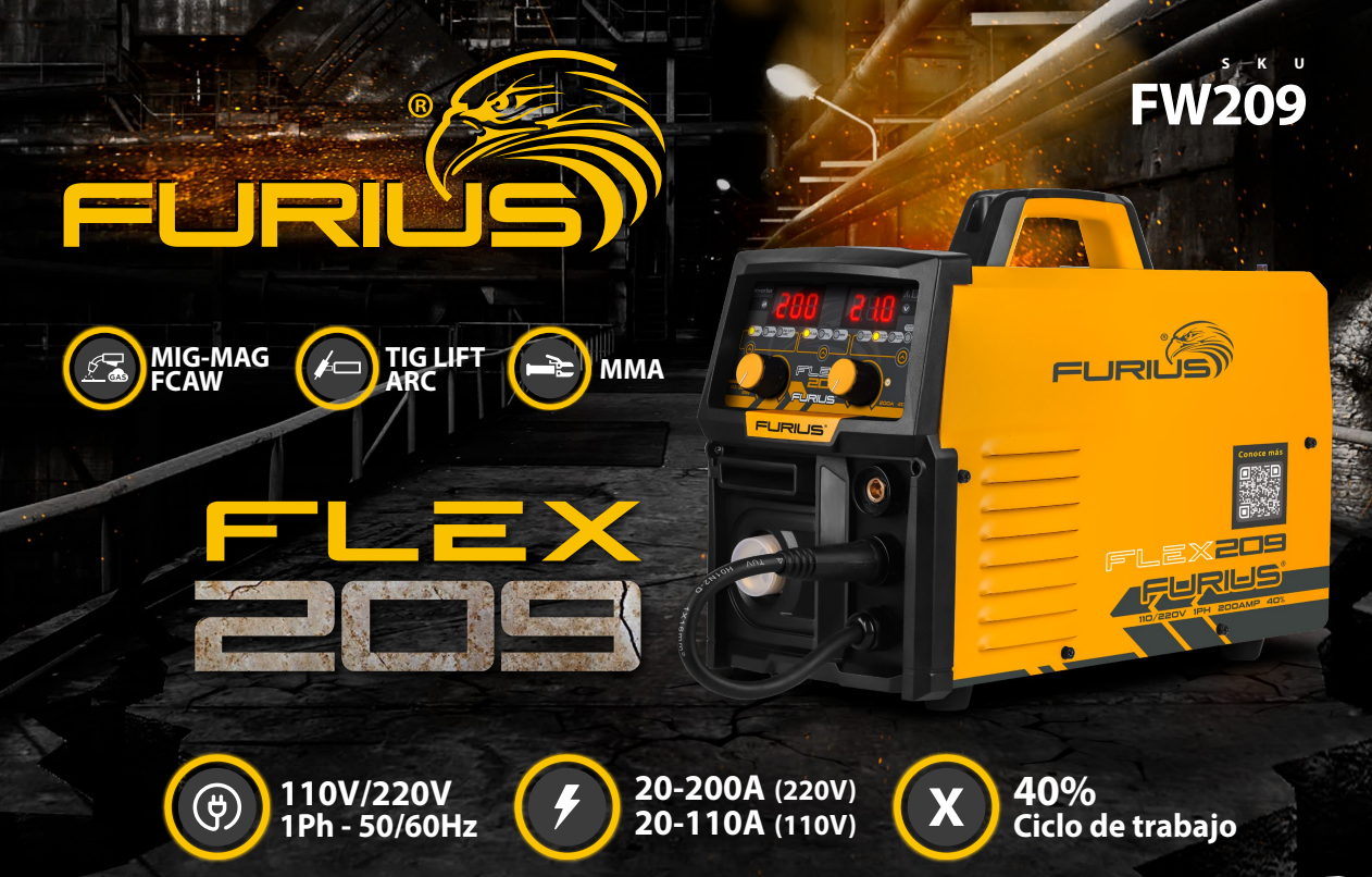 Soldador Inversor Multiprocesos 110/220V 200A - FURIUS FLEX 209