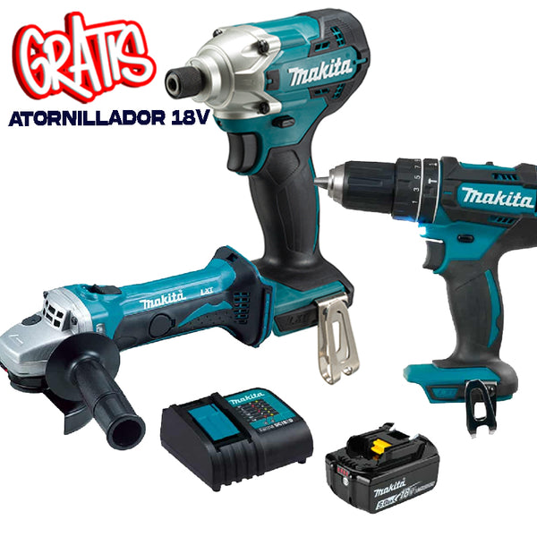 Combo Rotomartillo + Esmeriladora + Accesorios Makita DLX2401ST + Atornillador