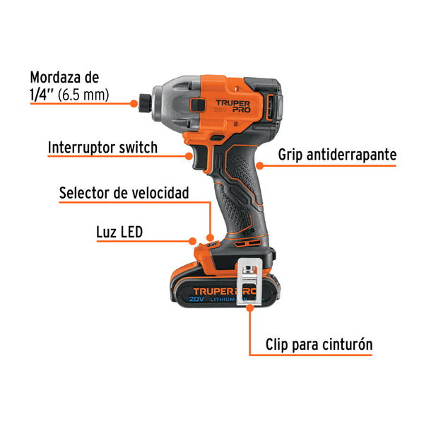 Atornillador  impacto TRUPER 1/4", 20V, 1 bat.2Ah,1 carg.PRO