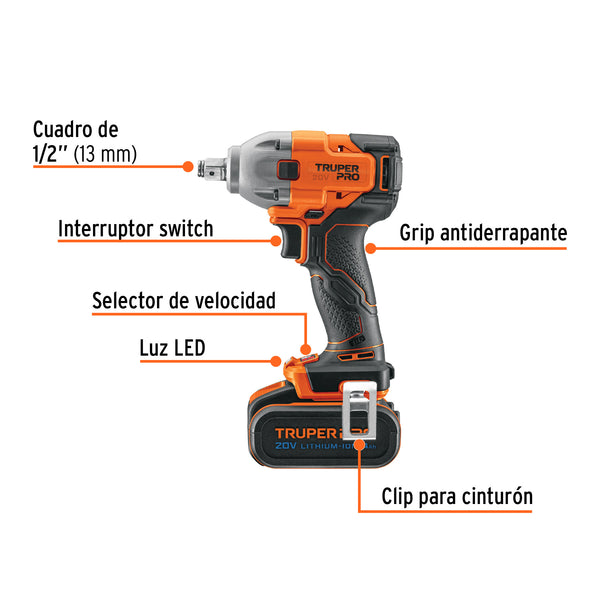 Llave impacto 1/2", 20V, 1 batería 4Ah, 1 cargor TRUPER PRO