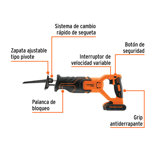 Sierra sable  Truper 20V, 1 batería  2Ah, 1 cargador TRUPER PRO